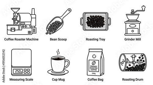 Outlined icons of coffee essentials including roaster machine, bean scoop, roasting tray, grinder mill, measuring scale, cup mug, coffee bag, and roasting drum, symbolizing coffee preparation and roas