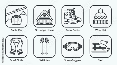 Outlined icons of essential hiking gear including trail map, compass, signpost, boots, rope knot, water canteen, flashlight, and binoculars, symbolizing outdoor adventure, exploration, and preparednes
