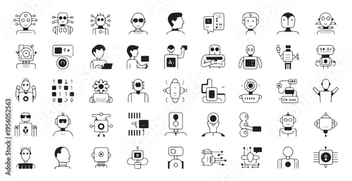 Futuristic cyborg and robot character icons in varied styles including profile views and full body ai models