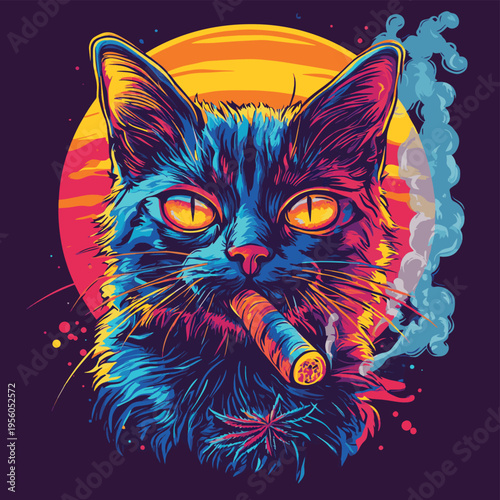 Trippy cat with weed joint t-shirt print design