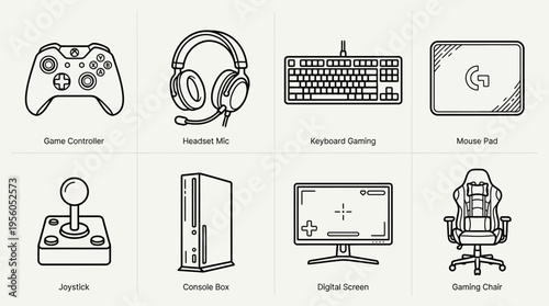 Outlined illustrations of gaming setup essentials including controller, headset mic, gaming keyboard, mouse pad, joystick, console box, digital screen, and ergonomic gaming chair, symbolizing modern g