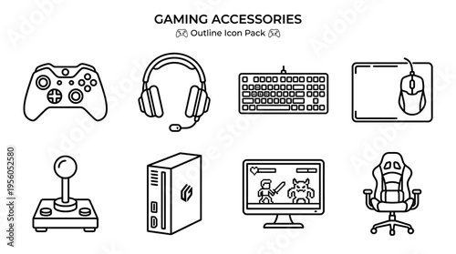 Outlined illustrations of gaming setup essentials including controller, headset mic, gaming keyboard, mouse pad, joystick, console box, digital screen, and ergonomic gaming chair, symbolizing modern g
