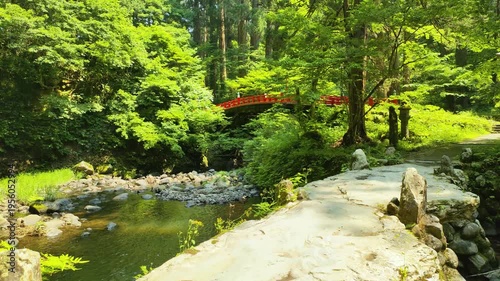 羽黒山・祓川の赤い橋と鮮やかな新緑が美しい初夏の風景