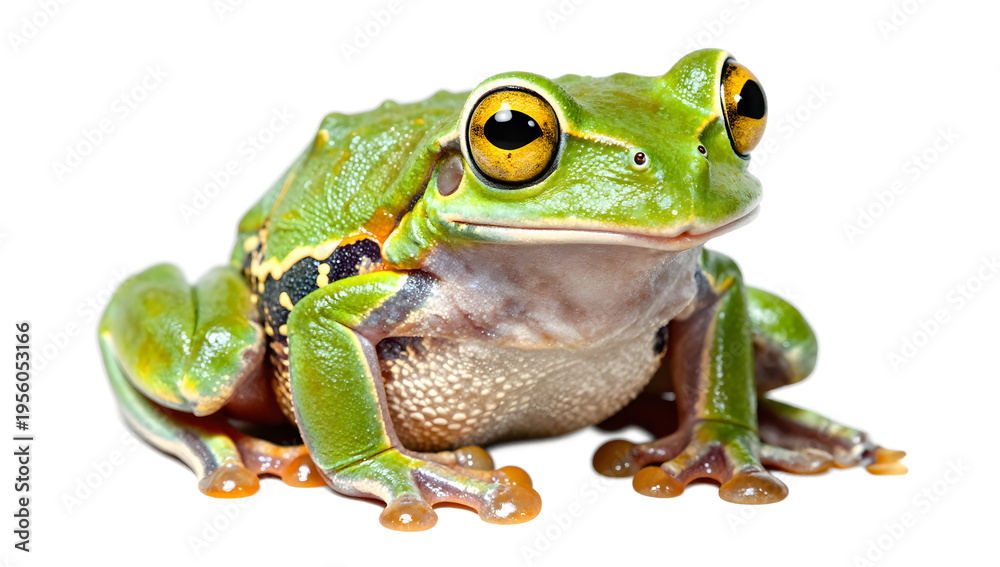 Obraz premium Vibrant Frog Portrait: A captivating close-up of a bright green frog, its textured skin gleaming, showcasing its expressive eyes and unique markings.