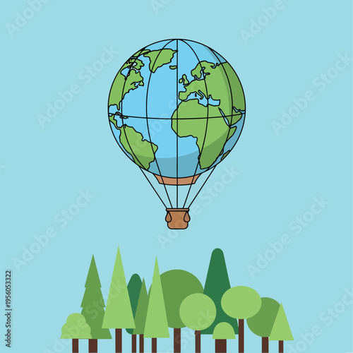 Globe hot air balloon flies over green forest trees on light blue sky background symbolizing world travel and nature exploration with eco tourism and global awareness concept
