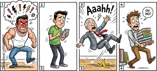 Funny comic strip illustration, humorous scenes of anger, distraction, slipping accident and panic, cartoon storytelling sequence, expressive characters in colorful vector design