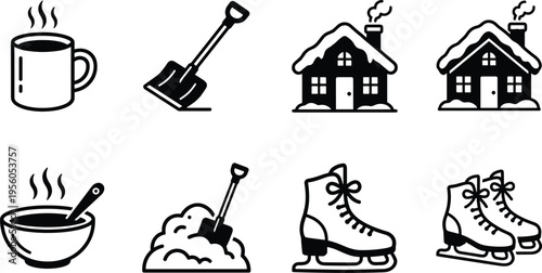 Winter season icon set, outline vector illustrations including coffee cup, snow shovel, snowy house, soup bowl and ice skates, minimal black design collection