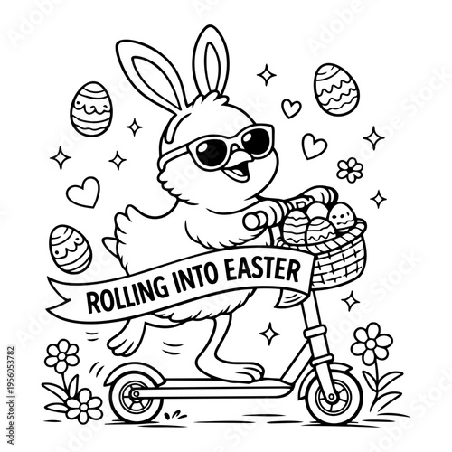 chick riding scooter wearing bunny ears and sunglasses carrying easter basket with eggs smiling spring vector illustration isolated white background line art design for greeting card, children apparel