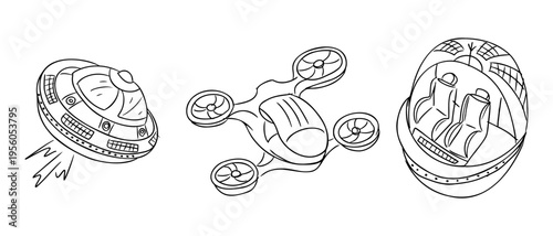 Illustration of three futuristic flying vehicles including a UFO, a quadcopter drone, and a passenger pod with seats, all depicted in a simple line art style