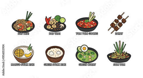 Delicious Thai food dishes with various ingredients and flavors, vector illustration.