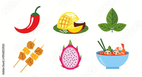 Delicious Thai food illustrations featuring chili, mango sticky rice, basil, skewers, dragon fruit, and tom yum soup.