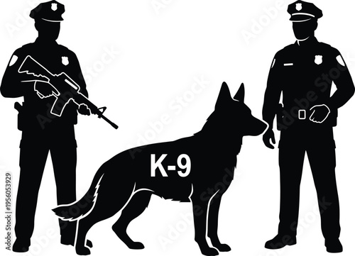 Police K9 team silhouette illustration, armed law enforcement officers with trained dog, security patrol and protection concept, black vector design for safety