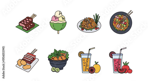 Delicious and colorful food and drink illustrations in a vector style.