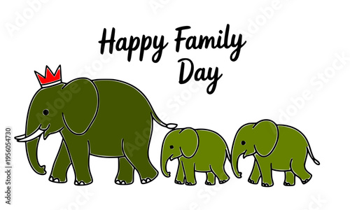  Happy Family Day charming illustration of a green elephant family with a crowned parent leading two little calves, perfect for greeting cards, children's events, school projects, and festive family 