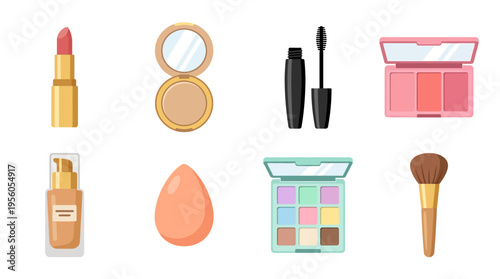 Vector illustration of various makeup products arranged on a surface including lipstick, eyeshadow, mascara, blush, foundation, and brushes.