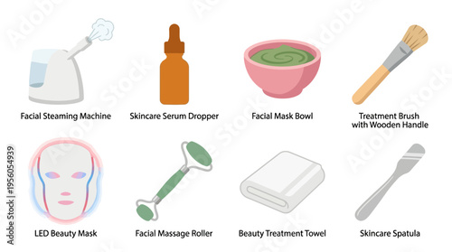 The vector skincare routine features a facial steaming machine, serum dropper, and various beauty tools on a table.