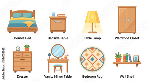 A vector illustration of a modern bedroom interior with various furniture pieces arranged neatly in a cozy space.