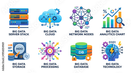 Vector graphics illustrate big data technology concepts with server stack, cloud, network nodes, analytics chart, storage, processing, database, and technology elements.