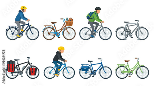 Vector illustration of people riding bicycles in a park with various colorful bikes and gear