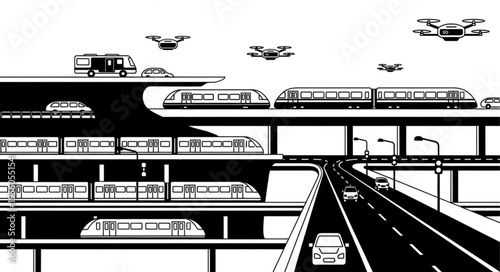 Futuristic Cityscape with Elevated Trains, Cars, and Drones.