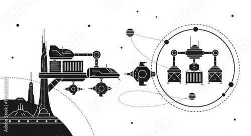 Futuristic Space Station Docking with Cargo Transfer System Illustration.