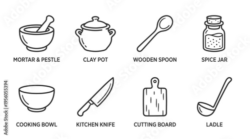 Kitchen tools icon set with mortar, pot, spoon, salt jar, bowl, knife, cutting board, and ladle, drawn in black-and-white line art, symbolizing cooking, food preparation, and culinary craft.