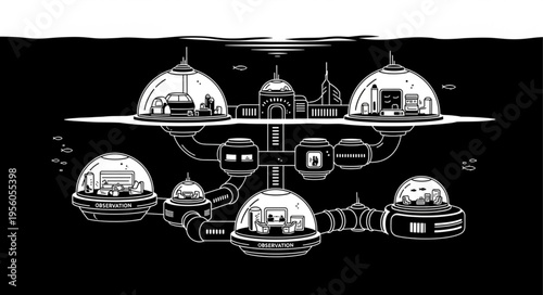 Futuristic Underwater City Concept with Domes and Tunnels.
