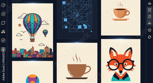 Collection of Whimsical Illustrations - Hot Air Balloon, Fox, and Coffee.