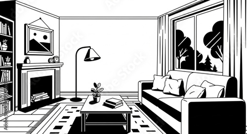 Cozy Living Room Interior with Fireplace and Sofa.