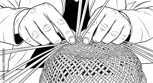 Hands Weaving a Basket - Detailed Line Art Illustration.