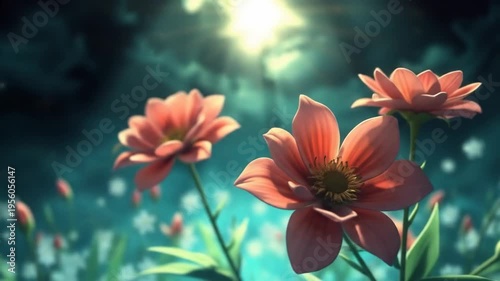 Vibrant flowers with sunlight streaming through clouds in nature scene