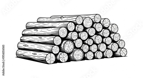 Detailed Woodpile Illustration - Stacked Logs for Firewood or Construction.