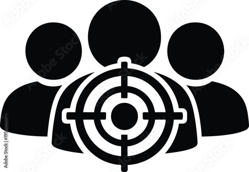 Targeted audience icon with group of three people silhouettes and aiming bullseye sign