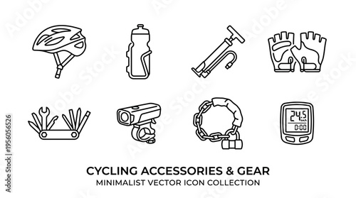 Cycling accessories icon set with helmet, gloves, bottle, pump, lock, multi-tool, headlight, and computer, drawn in black-and-white line art, symbolizing safety, gear, and performance.