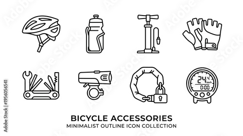Cycling accessories icon set with helmet, gloves, bottle, pump, lock, multi-tool, headlight, and computer, drawn in black-and-white line art, symbolizing safety, gear, and performance.