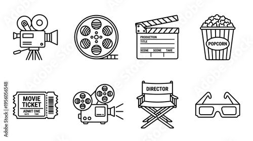 Cinema and filmmaking icon set with camera, reel, clapperboard, popcorn, ticket, projector, director’s chair, and 3D glasses, symbolizing movie culture, production, and entertainment.