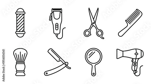 Barber tools icon set with pole, clipper, scissors, comb, brush, razor, mirror, and dryer, drawn in black-and-white line art, symbolizing grooming, hairdressing, and personal care.