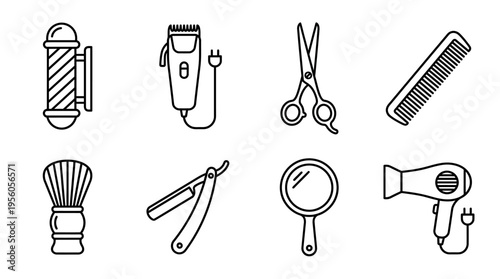 Barber tools icon set with pole, clipper, scissors, comb, brush, razor, mirror, and dryer, drawn in black-and-white line art, symbolizing grooming, hairdressing, and personal care.