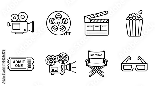 Cinema and filmmaking icon set with camera, reel, clapperboard, popcorn, ticket, projector, director’s chair, and 3D glasses, symbolizing movie culture, production, and entertainment.