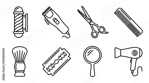Barber tools icon set with pole, clipper, scissors, comb, brush, razor, mirror, and dryer, drawn in black-and-white line art, symbolizing grooming, hairdressing, and personal care.