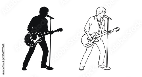 Two musicians performing with guitars and microphones a striking silhouette