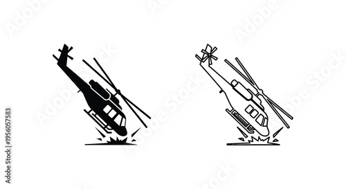 Two crashing helicopters depicted in stark black with a dramatic silhouette