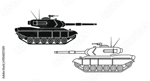 Black and white outline of military tanks a stark visual silhouette
