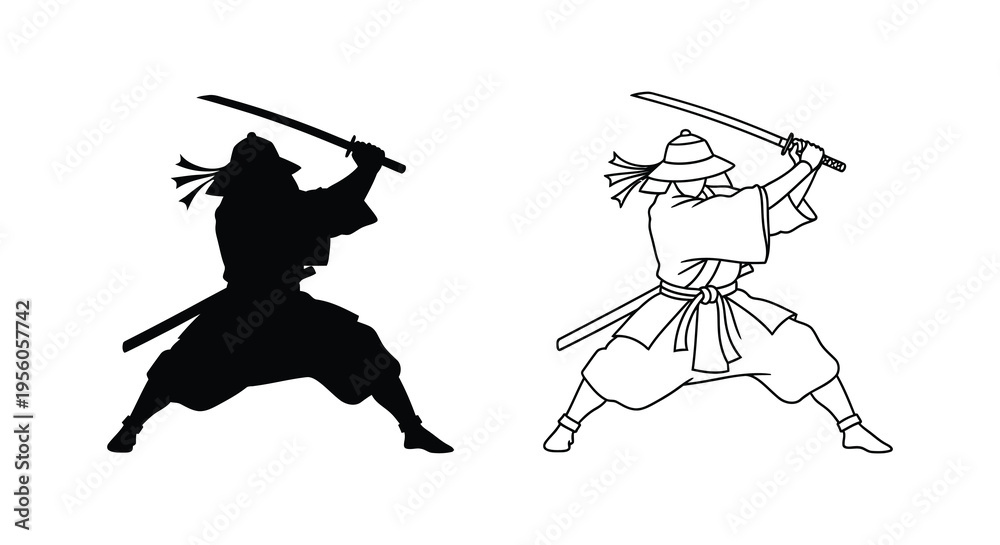 Fototapeta premium Two samurai warriors in action poses one a dark silhouette