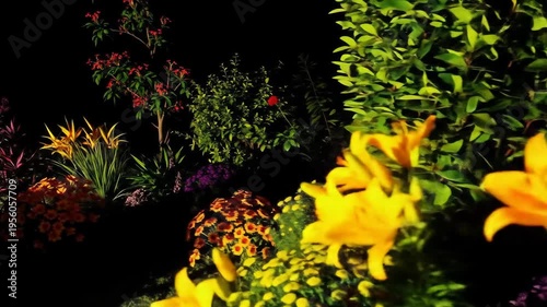Vibrant garden plants illuminated against a dark background visual display