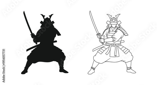 Two samurai warriors one in silhouette and one in line art facing each other silhouette