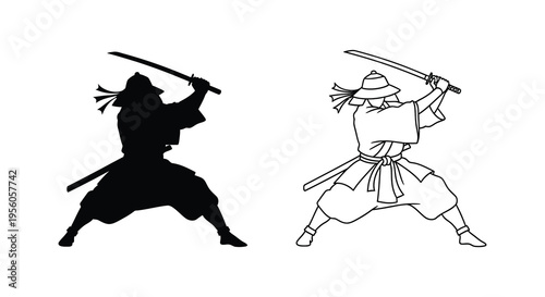 Two samurai warriors in action poses one a dark silhouette