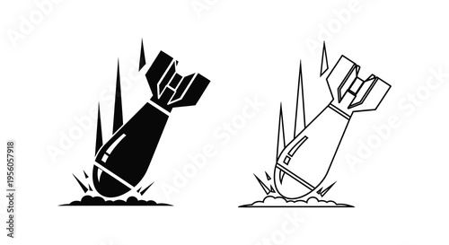 Two depictions of falling bombs with impact black and white silhouette