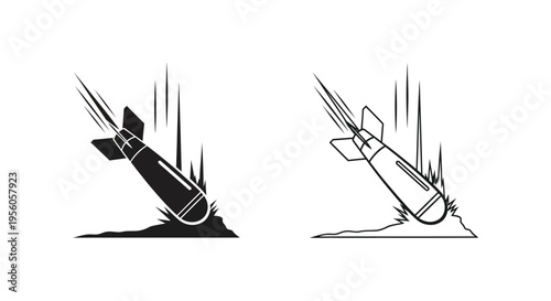 Falling bombs with impact trails shown in black and white silhouette