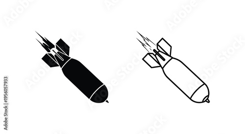 Two falling bombs depicted in a stark black and white illustration silhouette